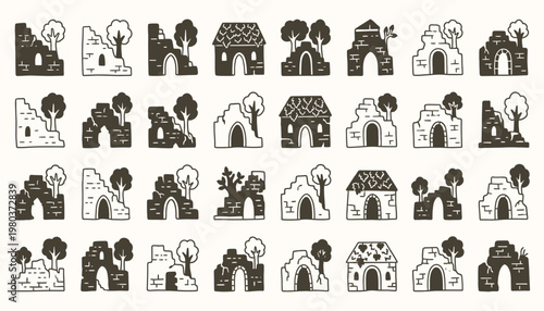 Collection of hand drawn stone ruin and ancient building icons in black and white