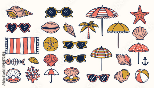 Collection of hand drawn beach and summer vacation icons