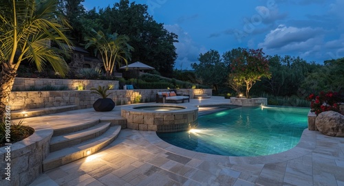 Unique travertine stone terraces accompanied by serene water pools under gentle lighting
