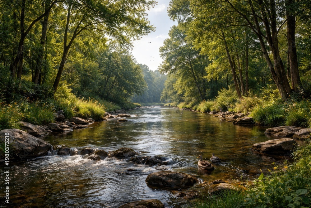 Fototapeta premium A lively river scene with abundant trees along both banks in a serene nature reserve