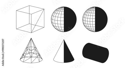 Fundamental geometric shapes concept illustrated in minimalist monochrome. Includes a wireframe cube, half-shaded spheres, cones, and a cylinder for design and educational graphics