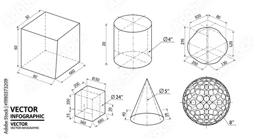 Isometric 3D geometric shapes and objects with dimensions, including cube, cylinder, cone, and sphere