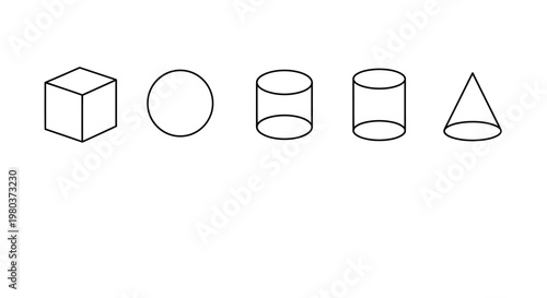 A minimalist collection of fundamental three-dimensional geometric shapes, including a cube, sphere, two cylinders, and a cone, presented in a clean outline style for educational or conceptual design