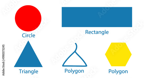 Collection of geometric shapes including a red circle, blue triangle, blue rectangle, and yellow hexagon, illustrating basic geometry concepts