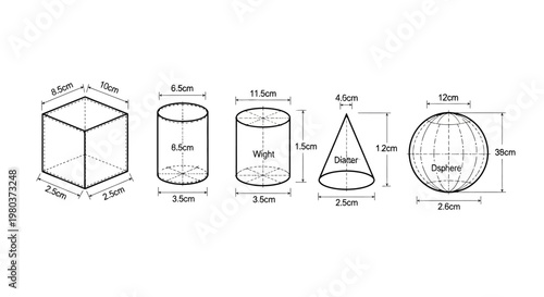 Precise dimensions of fundamental three-dimensional geometric shapes cube, cylinders, cone, and sphere. Educational diagram for mathematical and engineering study