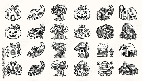 Fairytale pumpkin and mushroom home illustrations for coloring activities
