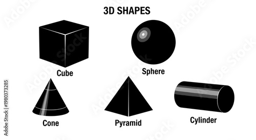3D geometric shapes including a cube, sphere, cone, pyramid, and cylinder illustrated on a white background