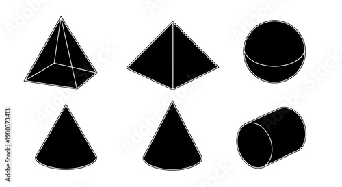 Geometric solids pyramids, cones, cylinders, and a sphere in outline and solid black, perfect for educational diagrams and abstract design concepts