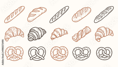 Hand drawn bakery products collection including bread and croissants