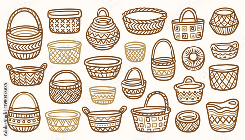 Hand drawn collection of traditional woven baskets and containers