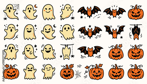 Hand drawn Halloween doodle icons set with cute ghosts bats and spooky pumpkins