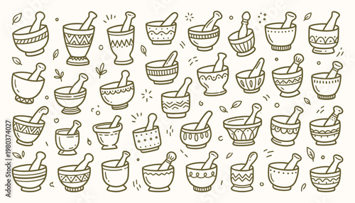 Hand drawn mortar and pestle doodles set with decorative patterns