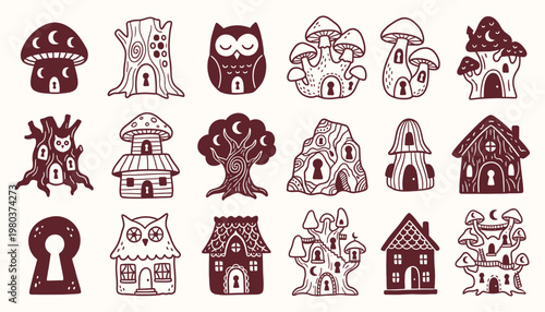 Hand drawn mystical forest house and owl icons collection