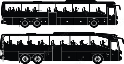 Black and white vector silhouettes of modern coach buses with passengers visible inside, side view of public transport vehicle icons.