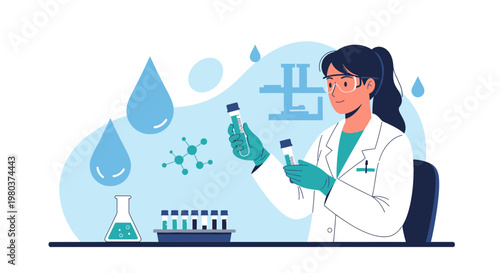 Scientist in Lab Coat Conducting Experiment with Test Tubes and Molecules