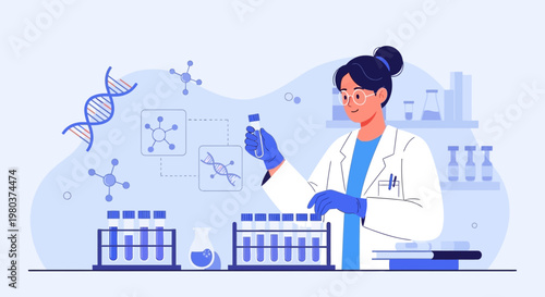 Scientist in Lab Coat Conducting Research with DNA and Molecules