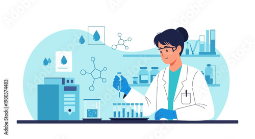 Scientist in Lab Coat Conducting Experiment with Test Tubes and Molecules