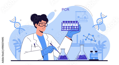 Scientist in Lab Coat Conducting PCR Experiment with DNA and Test Tubes