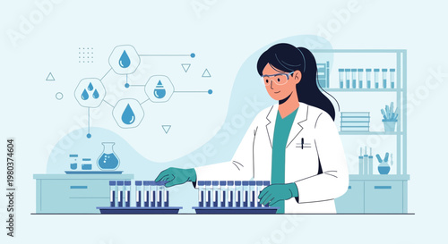Scientist in Lab Coat Conducting Water Research with Test Tubes and Molecular Diagram