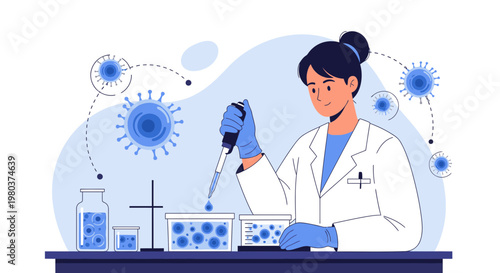 Scientist in lab coat conducts research with pipette and virus samples, science laboratory concept