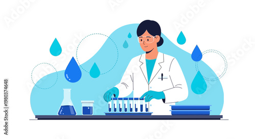 Scientist in Lab Coat Conducts Water Quality Test with Test Tubes and Beakers
