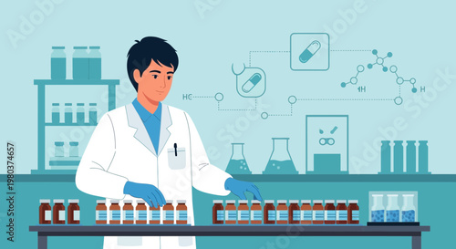 Scientist in lab coat examining medicine bottles in pharmaceutical research laboratory
