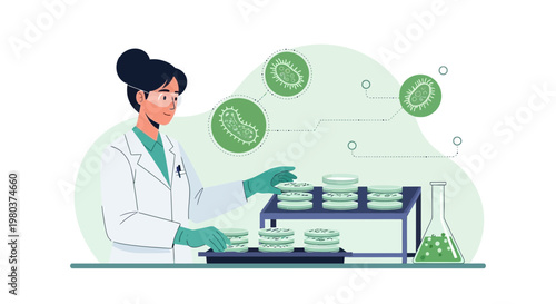 Scientist in Lab Coat Examines Petri Dishes with Bacteria, Microbe Research