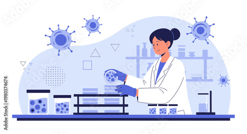 Scientist in lab coat examines petri dish with virus samples, laboratory research concept