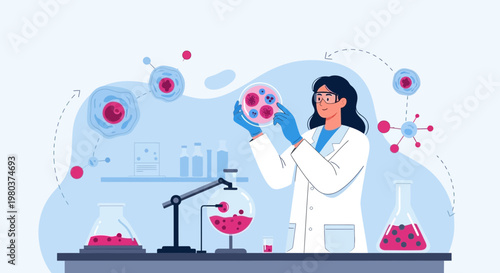 Scientist in Lab Coat Examining Petri Dish with Cells, Flasks, and Molecular Structures
