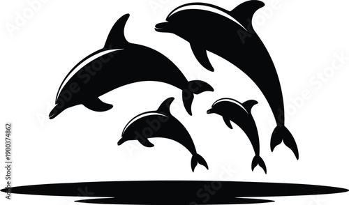 Black silhouettes of four dolphins jumping out of water white background