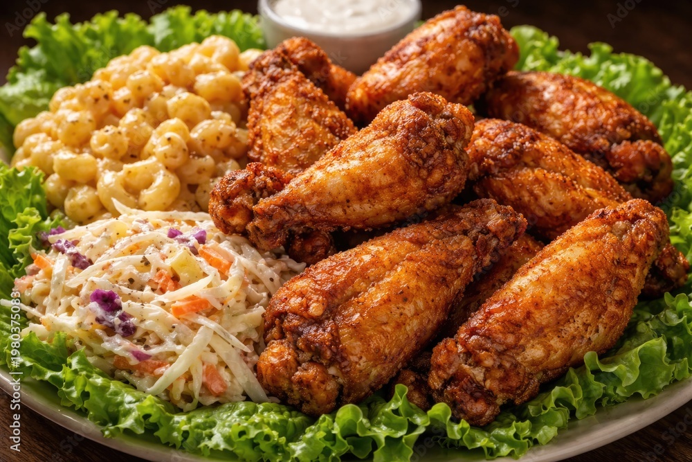 Fototapeta premium Close up of crispy fried chicken wings served with creamy mac and cheese coleslaw on fresh lettuce