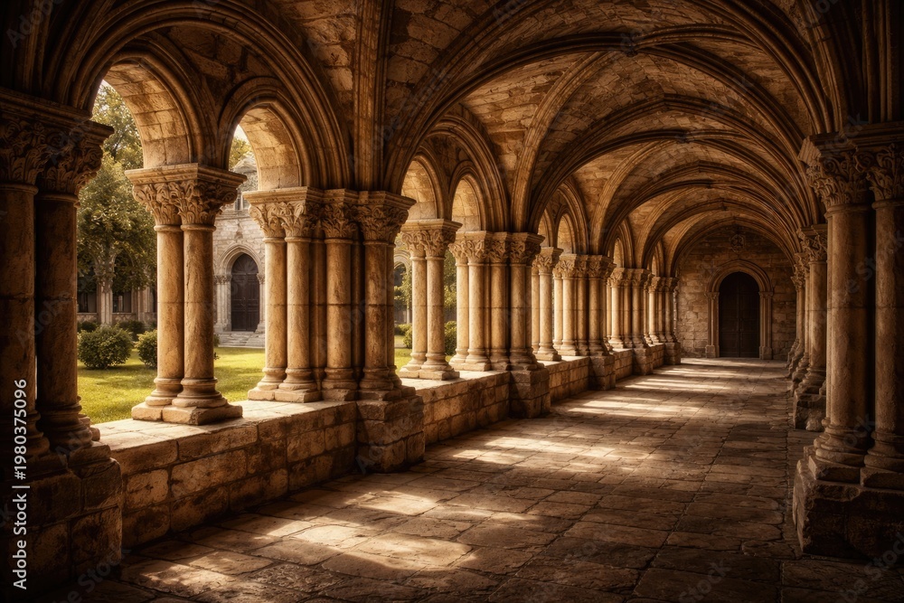 Obraz premium Historic cloister featuring ancient stone columns with detailed architectural texture