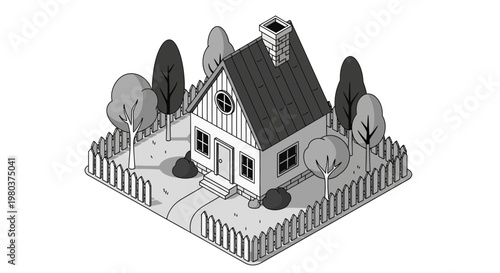 Isometric illustration of a house with trees and a fence in black and white