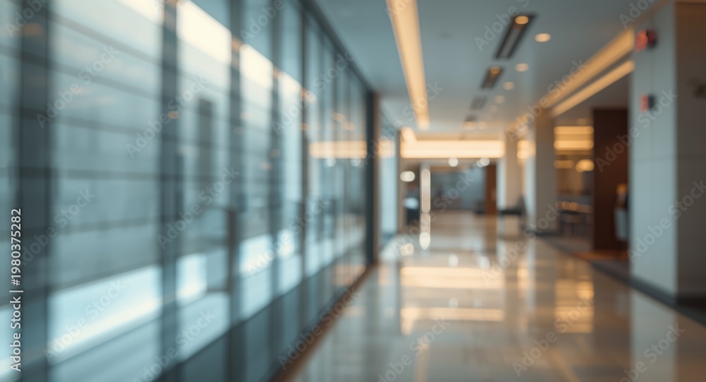 Fototapeta premium Upscale business hotel interior with ambient blurred hallway and glass wall surrounded by white modern design background
