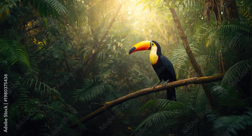 Fototapeta premium Wild keel billed toucan bird perched on branch in a dense jungle environment