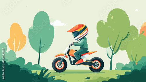 Cartoon character riding a motocross bike through a stylized forest