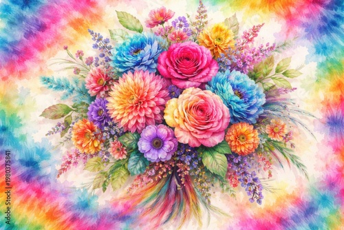Bohemian floral bouquet with vibrant tie dye colors and vintage watercolor style for fabric backgrounds