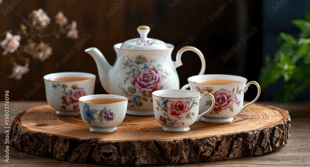 Fototapeta premium Sophisticated porcelain tea collection showcasing exquisite floral details on a natural timber surface