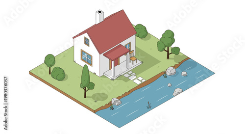 Isometric illustration of a house on a waterfront property with trees and rocks