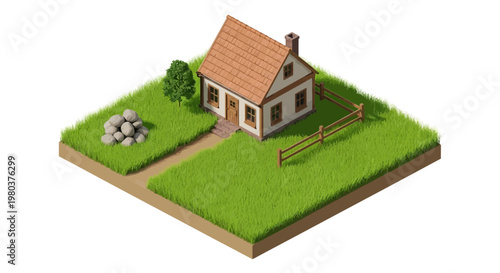 Isometric illustration of a house with a yard and a fence isolated on white
