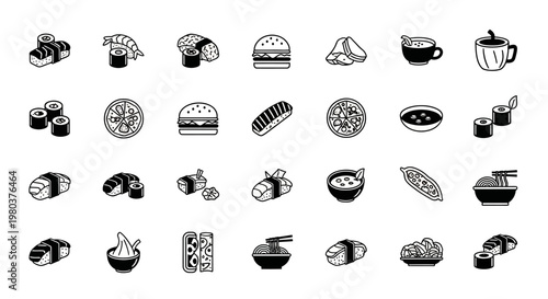 Black and white food icons set.