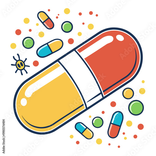 Colorful capsule surrounded by smaller pills and abstract dots representing medicine or treatment option.