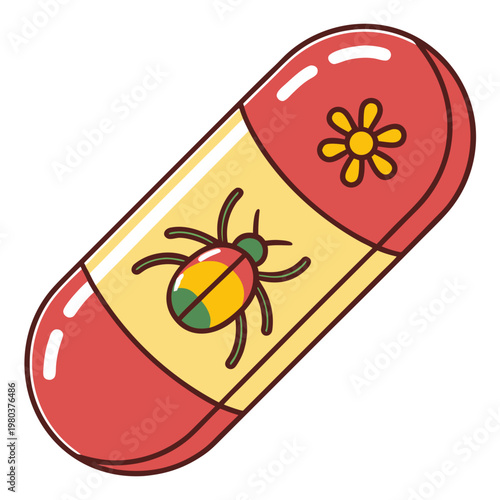 Medicine capsule with a beetle bug and flower graphic symbolizing natural remedy or pest treatment.