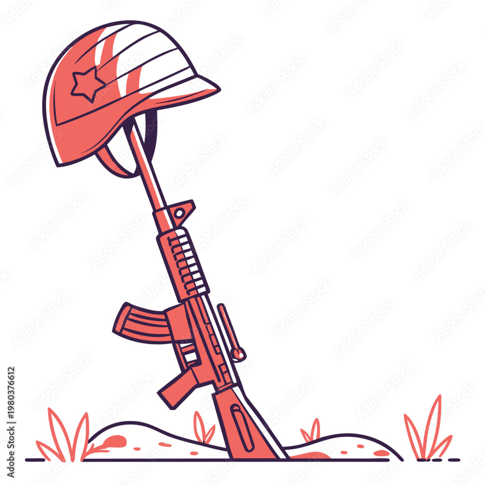 Obraz premium Fallen soldier's helmet and rifle in dirt ground with red star symbol on helmet representing heroic sacrifice and military service.