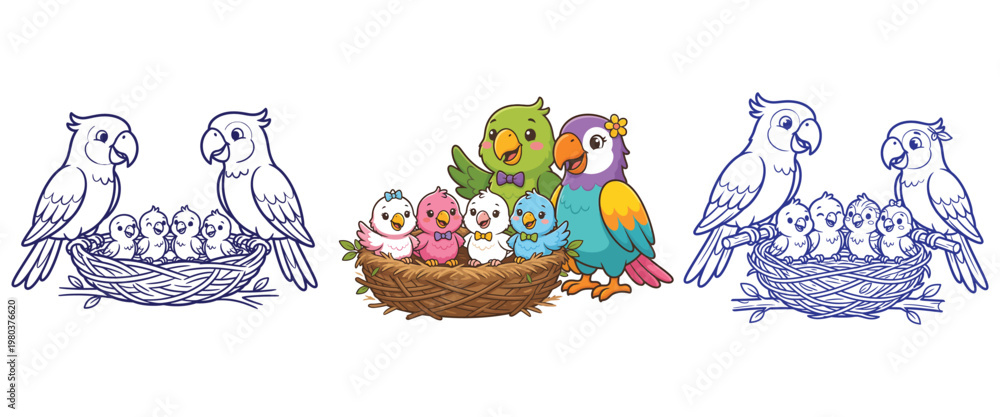 Obraz premium Family of colorful parrots in a nest, parent birds and chicks depicted in outline and color.