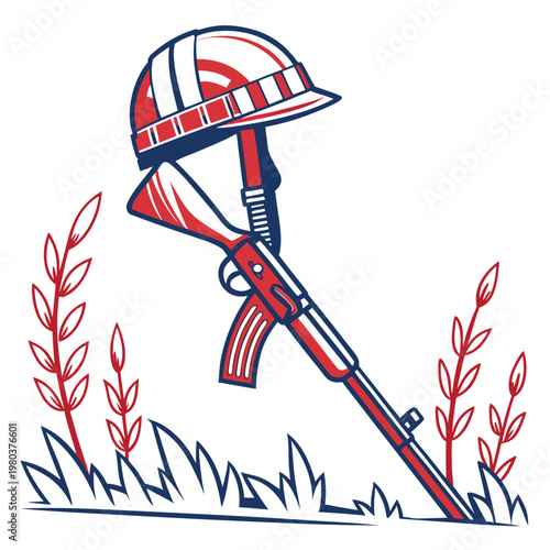 Military battle field memorial with rifle and soldier helmet illustration on ground for veterans day remembrance in simple patriotic vector style.