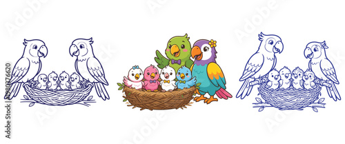 Family of colorful parrots in a nest, parent birds and chicks depicted in outline and color.