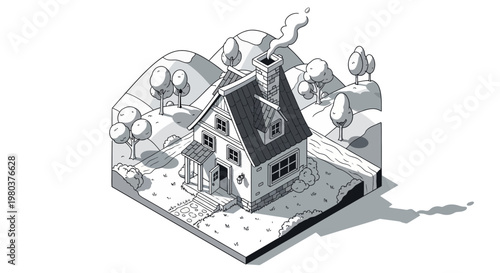Isometric illustration of a house with smoke and surrounding landscape