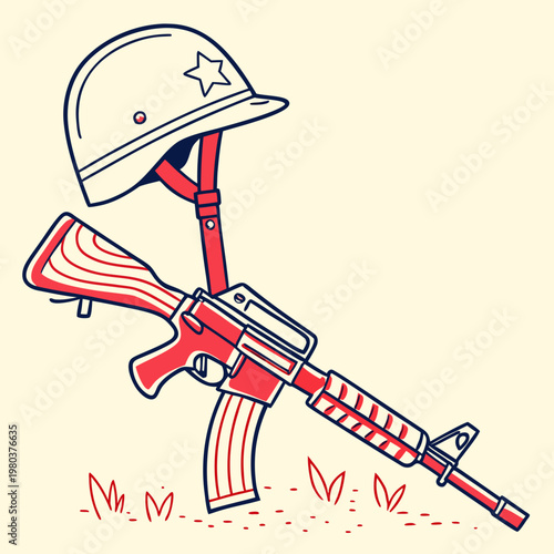 Stylized battlefield cross with a rifle and helmet resting on the ground with simple grass details.