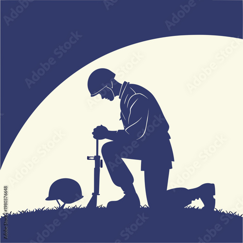 Kneeling soldier silhouette, veteran mourning on battlefield, fallen comrade tribute, military funeral, memorial day remembrance graphic.